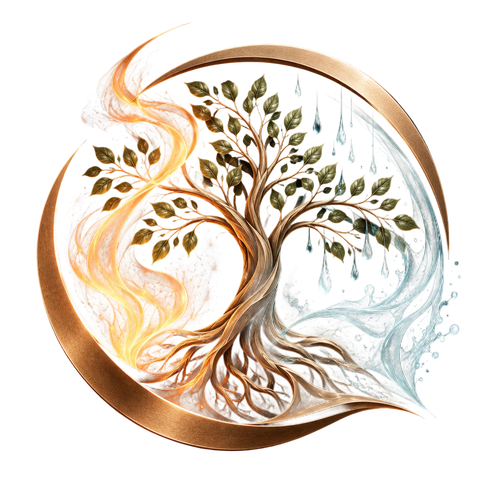 A circular yin-yang style artwork featuring a central tree with green leaves, one side wrapped in glowing orange fire-like swirls, and the other side wrapped in flowing blue water with hanging raindrops, all set against a black background.
